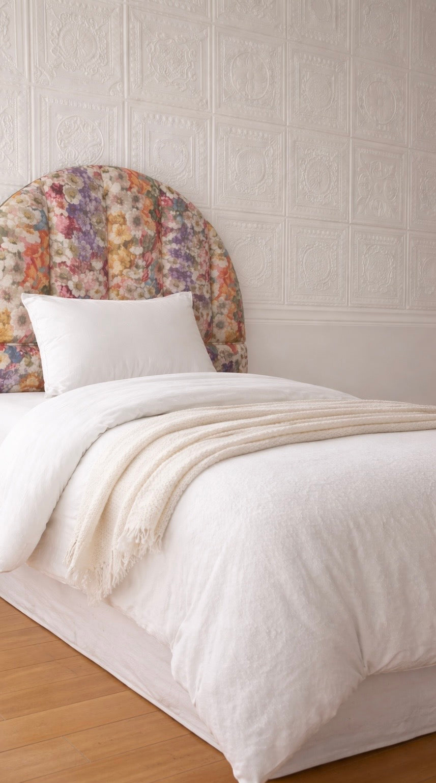 Floral fluted Headboard, Woodchip & Magnolia fabric Arc shaped