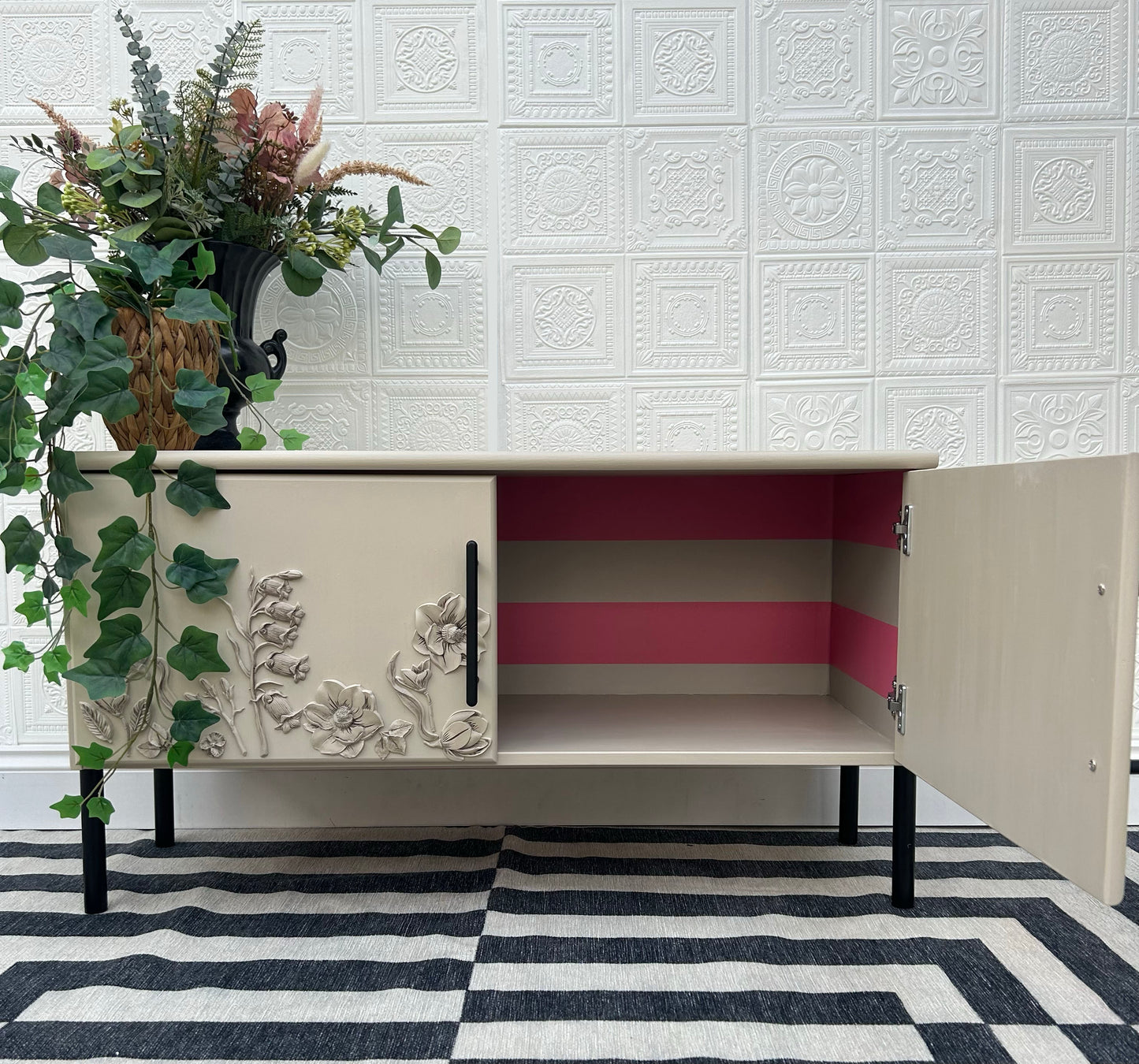 Beige Floral Low Sideboard