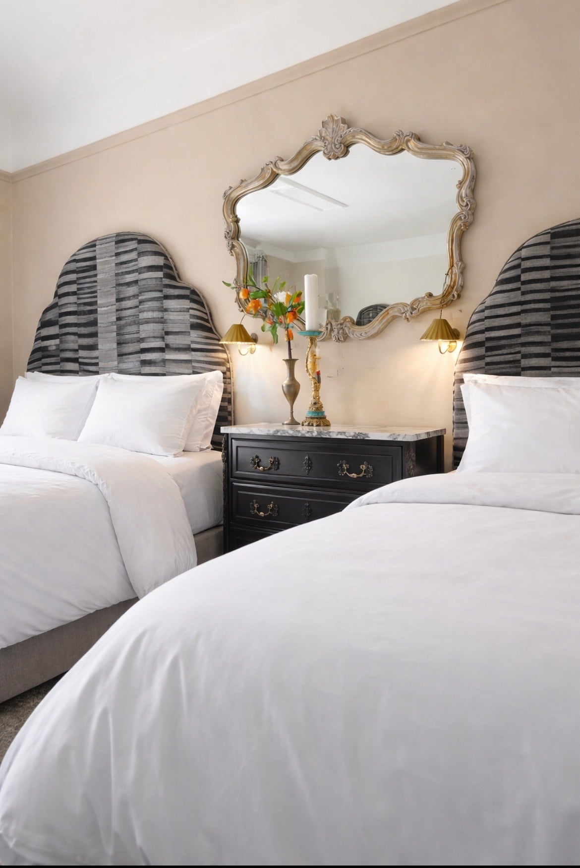 Two matching shaped Headboards, Geometric Fabric, Grey, Black Tones