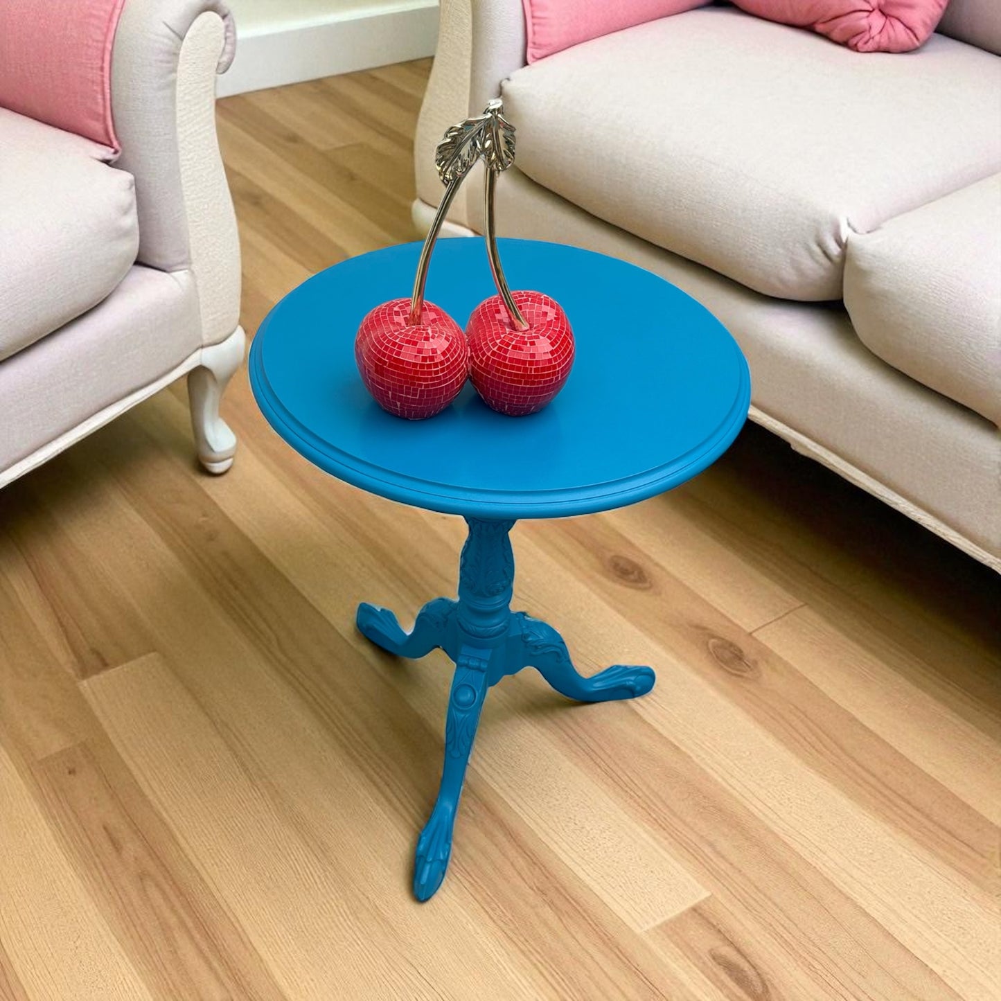 Caribbean Blue Vintage Hand-painted Occasional Tables / Pair of Unique Vibrant Accent Tables