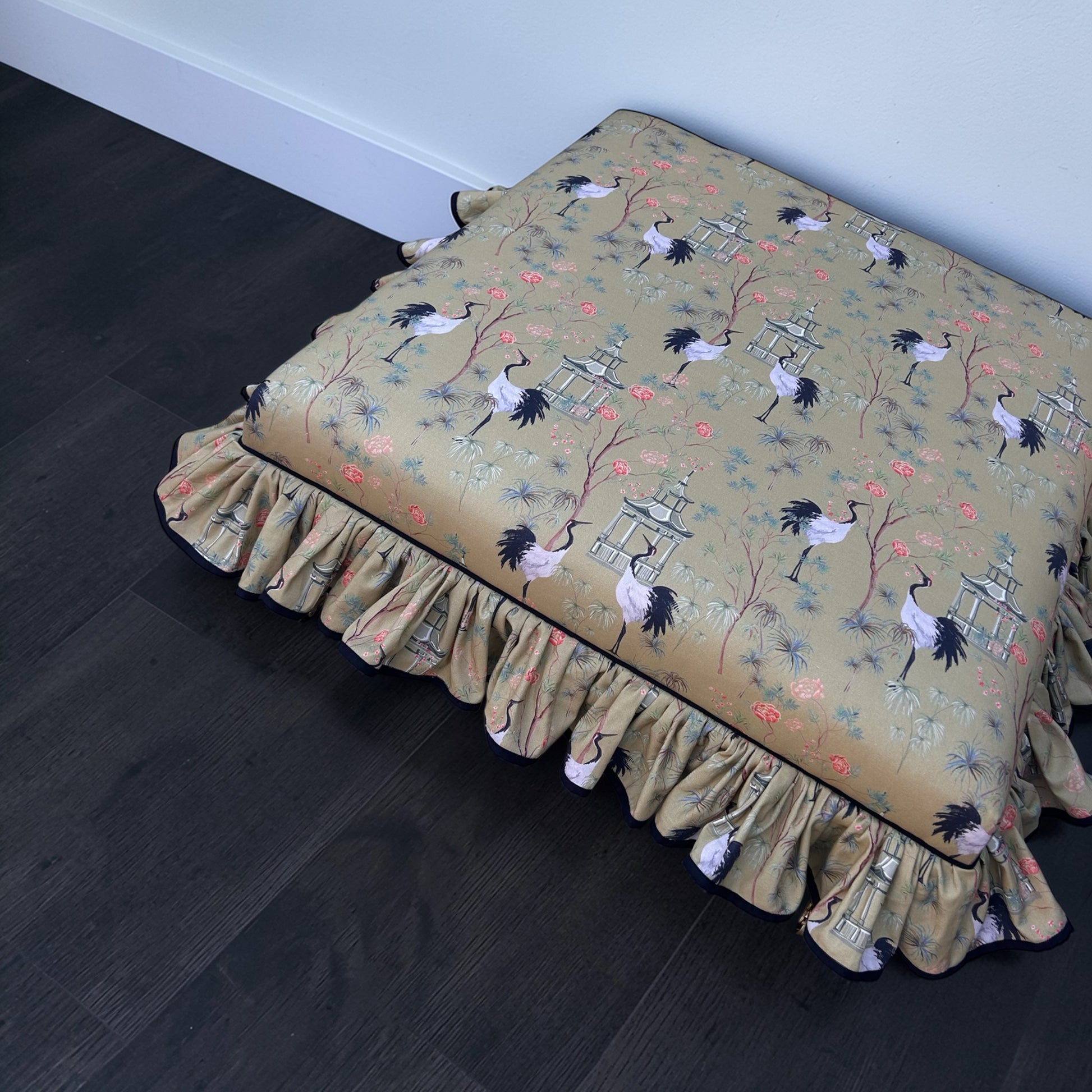 Crane and Floral Pattern Fabric with large full ruffle frill