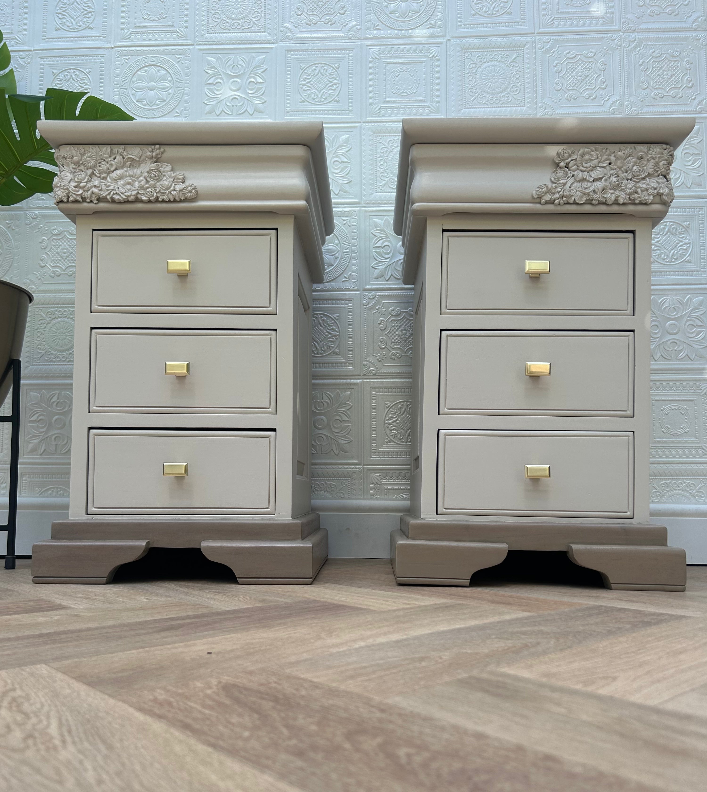 Nightstands with floral Moulded details, Gold Hardware and lightwood base