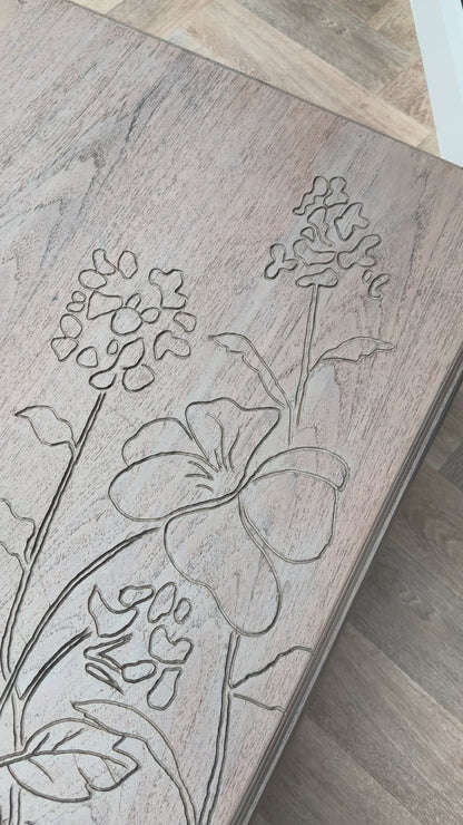 Vintage Refinished Solid Wood Coffee Table | Hand-Engraved Floral Design